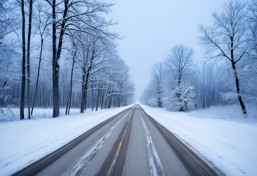 Winter road conditions and travel safety, snowy forest landscape with bare trees and icy highway in cold weather