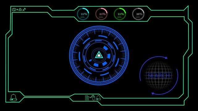 Neon green loading bar animation tracks thirty percent progress. High tech user interface data buffers on the green loading bar. System software installation updates this green loading bar.