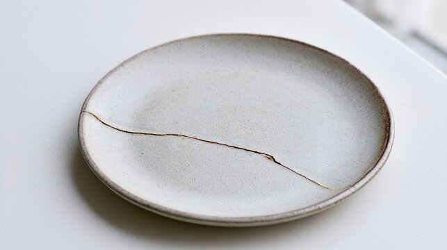 division. A ceramic plate with a clean crack, on a minimalist table. menu design, packaging mockups, designed for food delivery and cloud-kitchen brand materials, used by customer success managers.