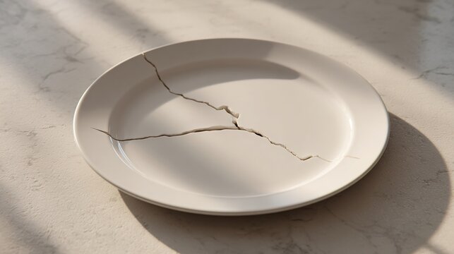 division. A ceramic plate with a clean crack, on a minimalist table. menu design, packaging mockups, designed for food delivery and cloud-kitchen brand materials, used by customer success managers.