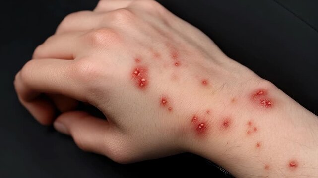 Close-up of Inflamed Skin Lesions on a Hand and Arm