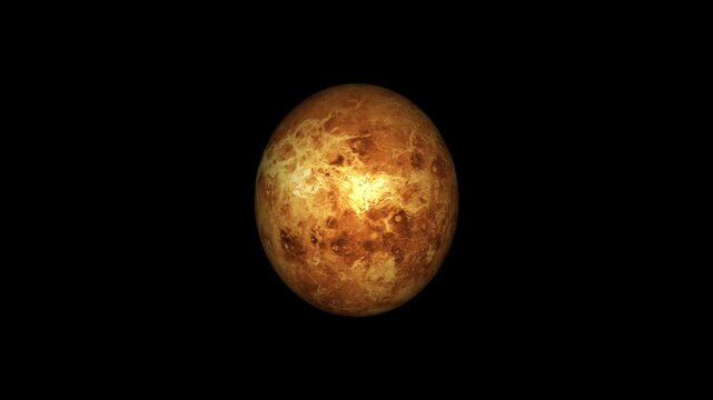 Yellow orange planet Venus surface displays dense cloud layers. Mysterious planetary terrain rotates on the planet Venus surface. Solar system astronomy highlights the planet Venus surface.