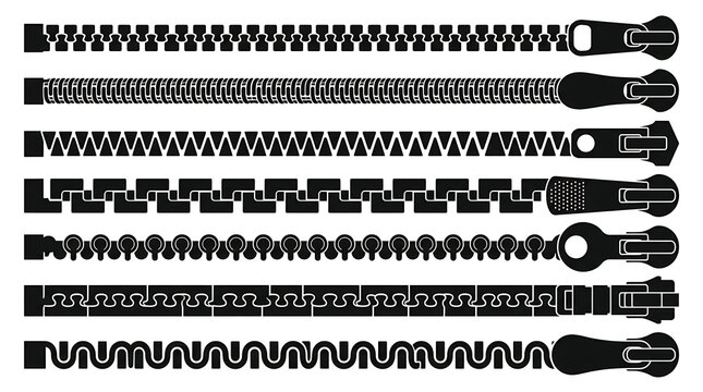Set of seven horizontal zipper vector illustrations with various fastener styles