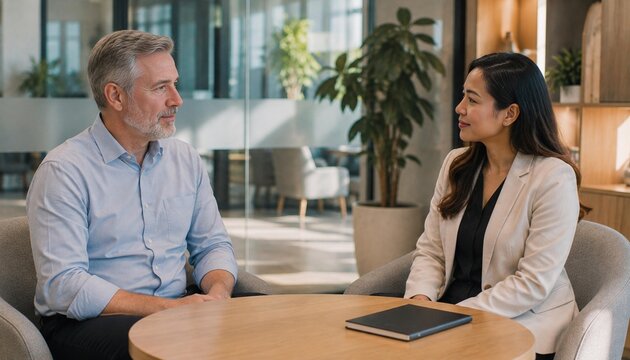 Experienced Male Professional Accessing Workplace Mental Wellbeing Support with Female Wellbeing Partner in Modern Corporate Office