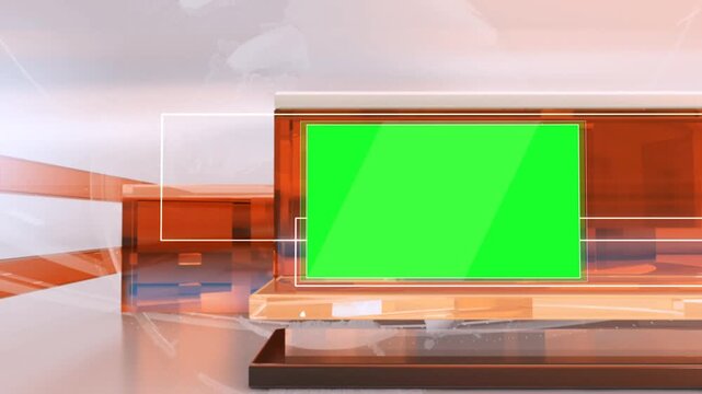 3D Virtual News Studio Desk Graphic with Green Screen Monitor Placeholder and Orange Glass Backdrop 