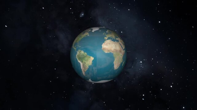 Earth globe floats in dark starry space with faint nebula clouds. Luminous planetary continents rotate across the Earth globe. Beautiful astronomical views capture this Earth globe.