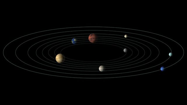Solar system model displays planetary orbital tracks on dark. Astronomical orbits guide the planets in this solar system model. Cosmic space educational science uses the solar system model.