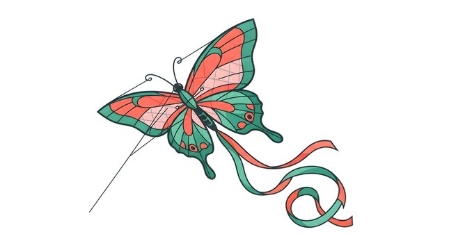 Butterfly Kite Flying Lattice Texture Ribbon Tail &mdash; Coral Jade Bold Flat Vector