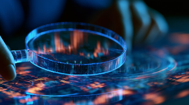 Futuristic digital magnifying glass scanning financial data for automated audit