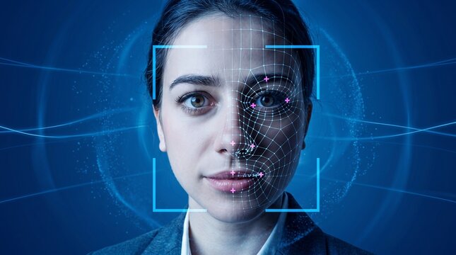 A close up of a woman's face with a digital biometric facial recognition grid overlay scanning her against a dark blue background