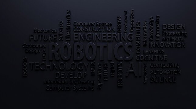 A dark 3d word cloud featuring terms like robotics, engineering, technology, and artificial intelligence embossed on a matte black background
