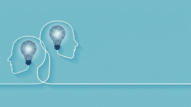 Two human head silhouettes connected by a single line with glowing light bulbs inside representing ideas, innovation, and shared intelligence