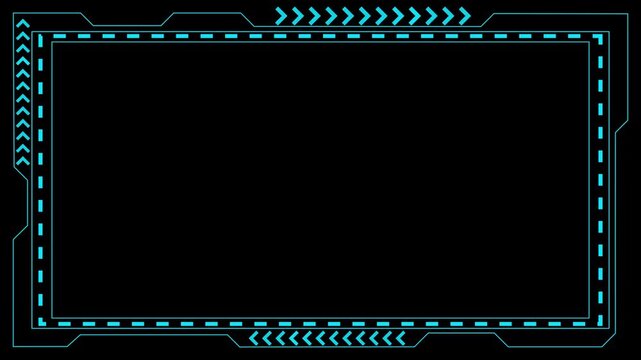 Cyan digital frame animation displays tech arrows and dashed lines. Futuristic user interface borders outline the cyan digital frame. High tech screen telemetry powers the cyan digital frame.