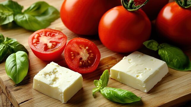 basil. Still life of tomatoes, basil, and cheese on a wooden board. menu design, packaging mockups, designed for culinary blogs and recipe cards for restaurants, supports restaurant marketing.