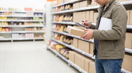 Fototapeta premium Shopper comparing grocery choices in a supermarket aisle, beginner food budgeting with calculator and blank shopping list, practical cost conscious buying, savings concept