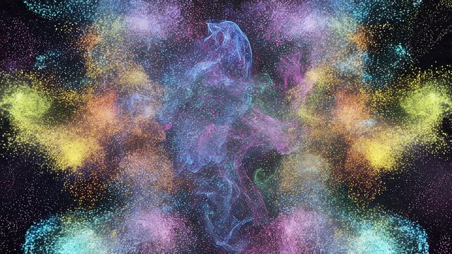 Abstract fluid particles blooming with vibrant colors in dark space with subtle camera zoom
