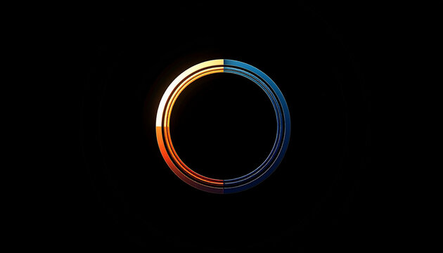 Abstract metallic ring with warm orange and cool blue gradients on a dark black background symbolizing duality and contrast