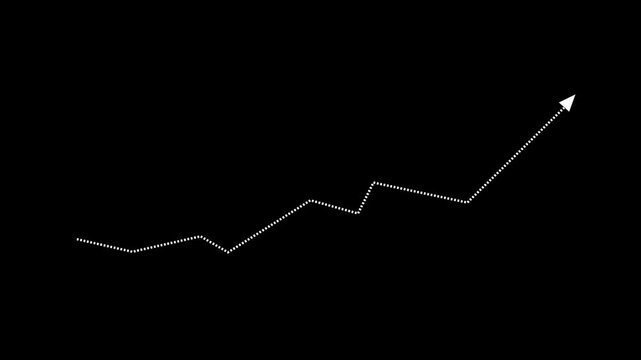 Abstract financial growth graph with dotted white arrow moving up on black background