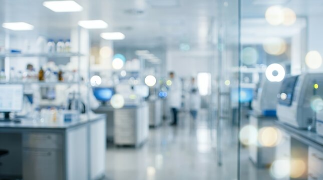 Out of focus interior view of a modern sterile laboratory workspace with soft glowing bokeh light effects laboratory blur interior workplace abstract light bokeh clean modern background science