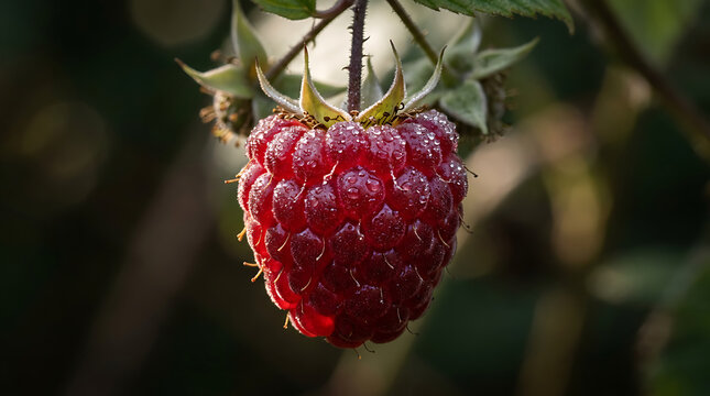 Close-up of a single, ripe red raspberry with water droplets, hanging from a branch with green leaves and a blurred dark background