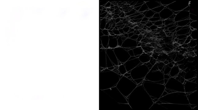 Intricate spider web texture on black background, white cobweb overlay illustration, spooky organic net pattern for Halloween design