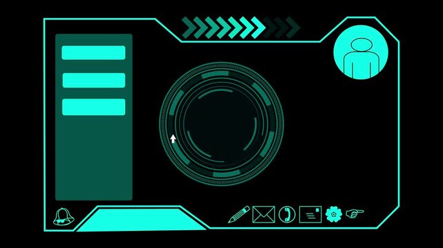 Futuristic digital interface displays user profiles and telemetry. Cyber navigation menu elements power the digital interface. High tech control room graphics frame this digital interface.