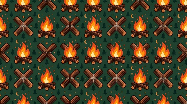 Continuous repeating pattern of stylized burning campfires and crossed wooden logs for outdoor adventure themes campfire flame pattern seamless fire wood logs bonfire camping cozy outdoor texture