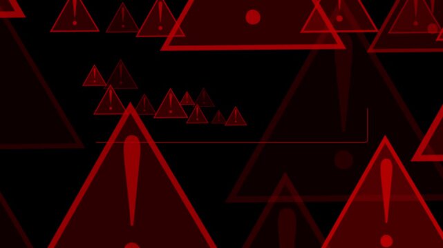 Red exclamation mark warning triangles scatter on black space. System danger alerts flash across these warning triangles. Urgent hazard notifications trigger the warning triangles.