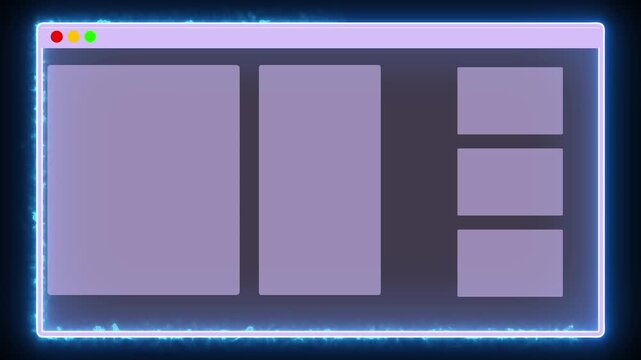 Digital interface window displays a glowing blue neon border. High tech software content blocks frame this interface window. Modern operating system graphics guide the interface window.