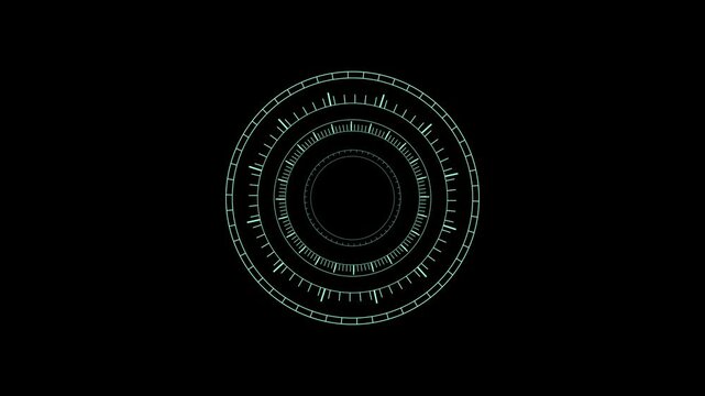Teal concentric circles feature digital tick marks on black. Minimalist radar target telemetry coordinates the concentric circles. Modern abstract graphic rings shape these concentric circles.