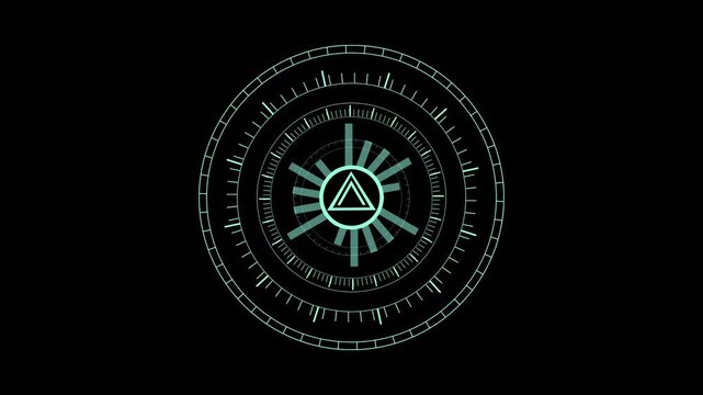 Teal HUD interface displays a central triangle and radiant lines. Futuristic targeting telemetry guides this modern teal HUD. High tech cyber display graphics power the teal HUD.