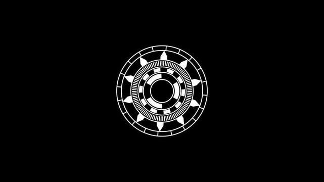 White circular geometric emblem shines with radiant sunburst rays. Elegant symmetrical mandala art defines the circular geometric emblem. Modern abstract vector graphics form this geometric emblem.
