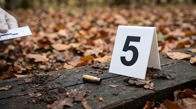 Forensic investigator examines a bullet casing at an outdoor crime scene marked with number five among autumn leaves.