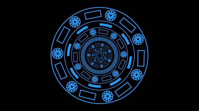 Concentric blue geometric circles pulse on a dark background. Symmetrical rectangle shapes frame these blue geometric circles. Sleek modern cyber art animates the blue geometric circles.