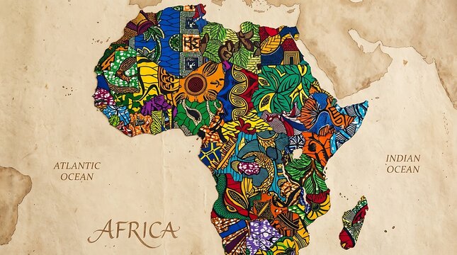The continent of Africa is depicted as a vibrant mosaic composed of colorful patterned fabrics on a parchment-like map.