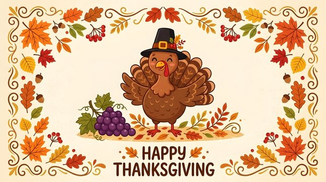 Happy thanksgiving greeting card with a cute turkey wearing a pilgrim hat, grapes, and autumn leaf border
