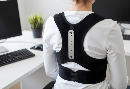Posture correction and back support, woman wearing a back brace while working at a desk with a computer