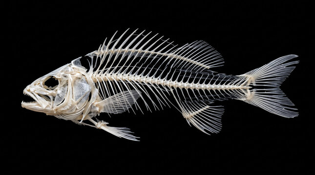 Complete fish skeleton anatomy isolated on a black background.