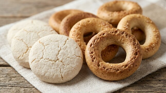 Close Up Texture of Traditional Circular Coconut Starch Biscuits and Homemade Baked Snack Rings cookies biscuits coconut snack baked baked goods rings crunchy treat sweet food pastry homemade texture