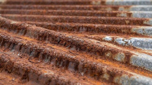 Detailed full frame macro background of weathered corrugated iron metal sheet displaying heavy red rust along ridges and grooves from long term outdoor exposure suitable for vintage architectural