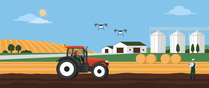 Farmers working in a contemporary farm using innovative tools
