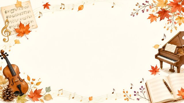 色鮮やかな紅葉とバイオリンやピアノが芸術の秋を彩る優雅な音楽フレーム