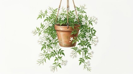 Fototapeta premium Hanging Terracotta Pot With White Blooming Plant on Cream Background