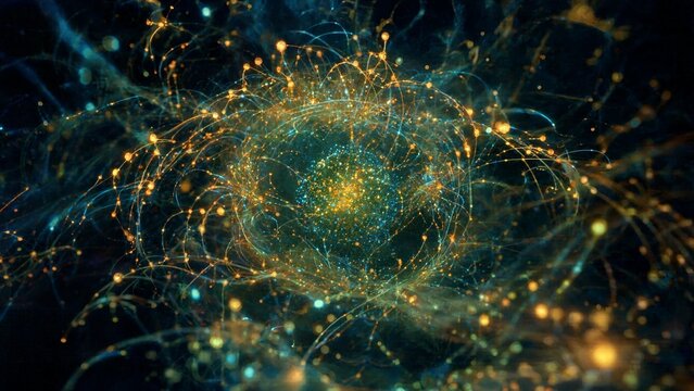 Abstract glowing quantum computer particles network background with light trails