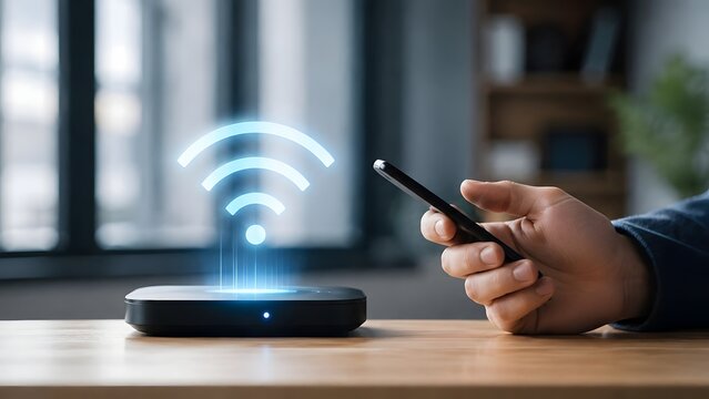 Smart home network control concept with hand using smartphone to connect with glowing wireless router hologram for digital automation