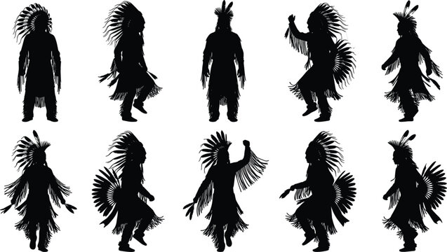 Native American tribal dancers vector black silhouette collection set for indigenous culture heritage festival performance ritual celebration