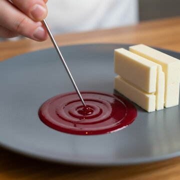 Chef Plating Berry Coulis Sauce with Stylist Needle on Modern Slate Plate