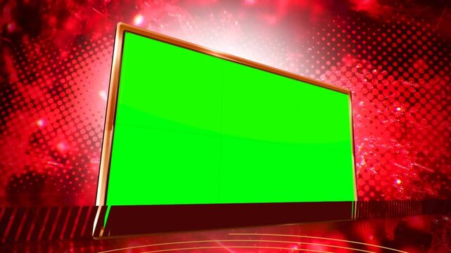 3D Animated Green Screen Folding Screen Overlay on Red Digital Newsroom Backdrop