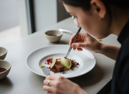 Female Pastry Chef Placing Edible Flower Garnish on Fine Dining Gourmet Dessert