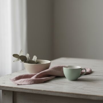 Minimalist Table Still Life with Mint Green Cup and Ceramic Bowl on Wooden Surface